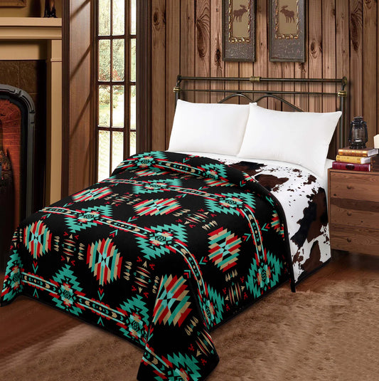 Blue Aztec & Cow Print- King Reversible Blanket