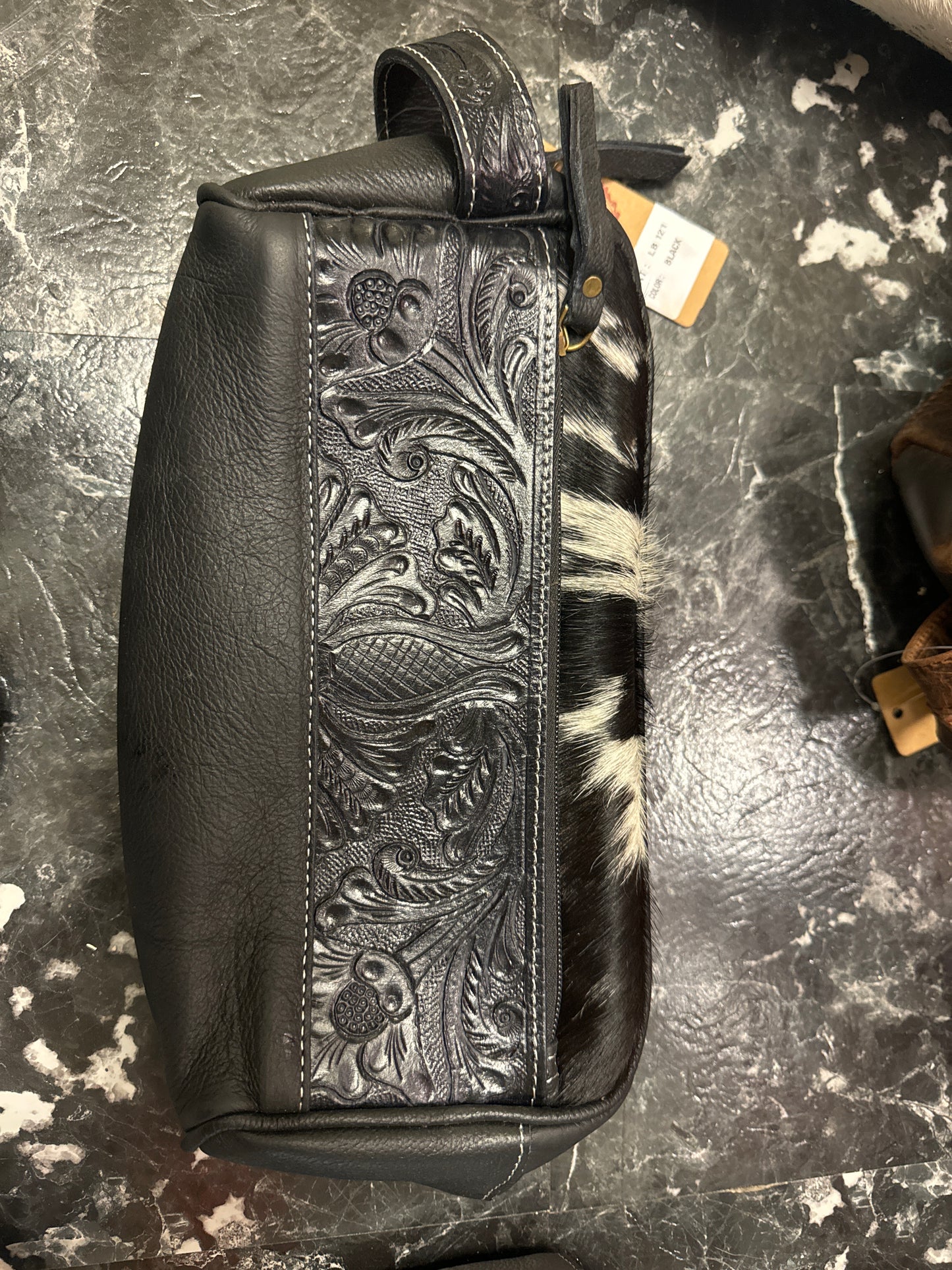 Black Tooled Leather & Cowhide Toiletry Bag
