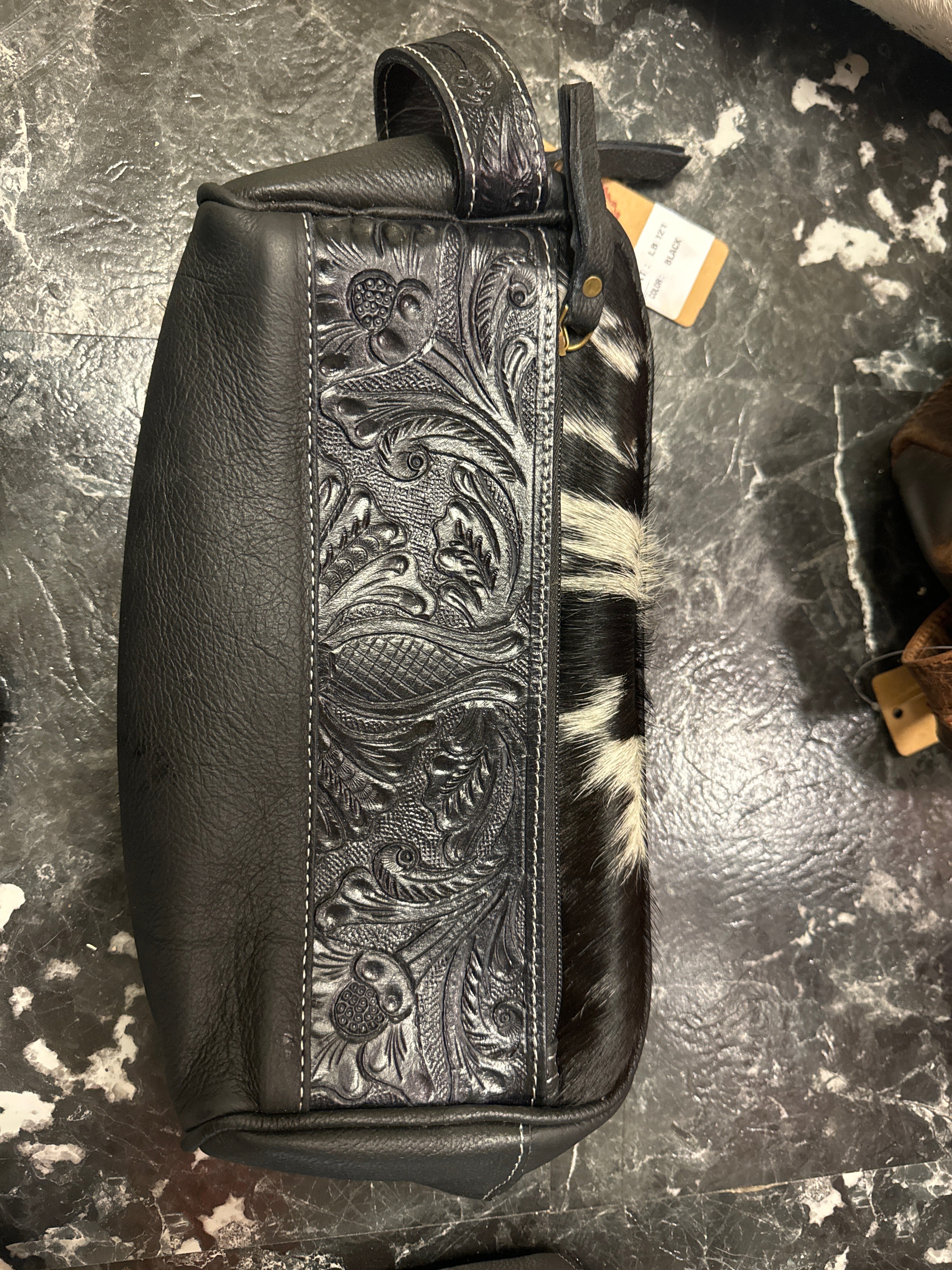 Black Tooled Leather & Cowhide Toiletry Bag