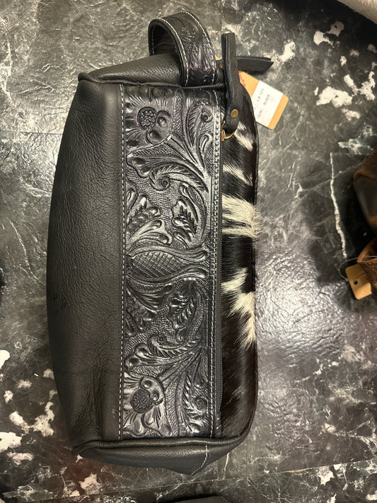 Black Tooled Leather & Cowhide Toiletry Bag