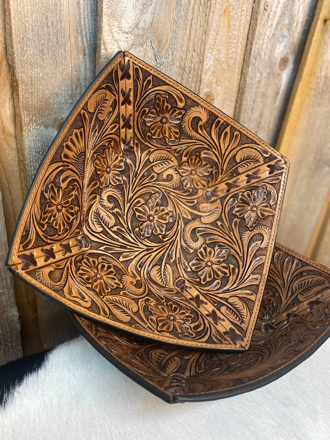 Natural Tooled Leather Floral Bowl
