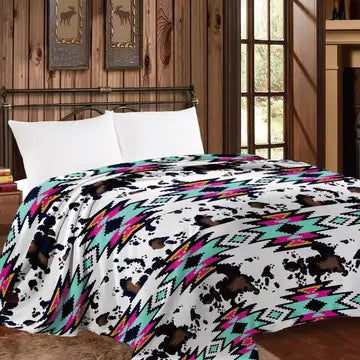 Colorful Aztec Cowhide Blanket - Queen Size