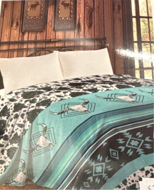 Blue Skull Cowprint Blanket - Twin Size