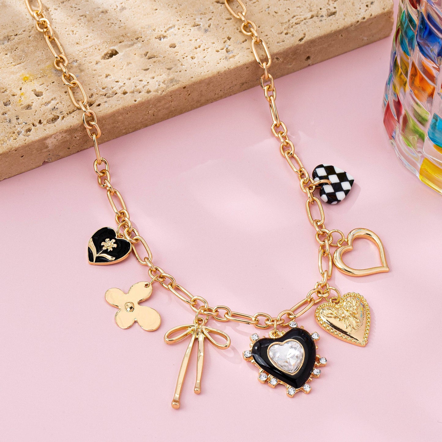 Golden Whimsy Checkered Charm Necklace