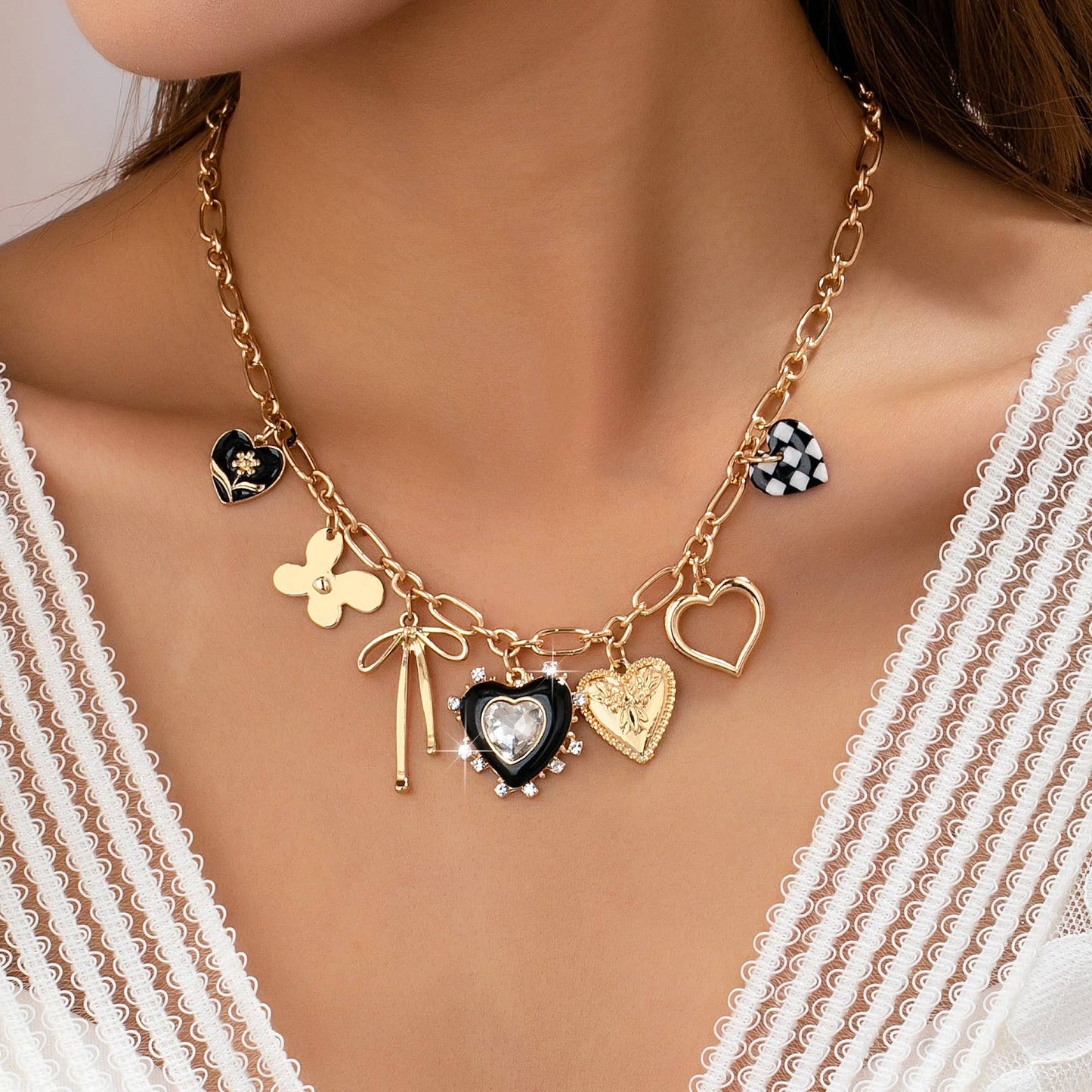 Golden Whimsy Checkered Charm Necklace