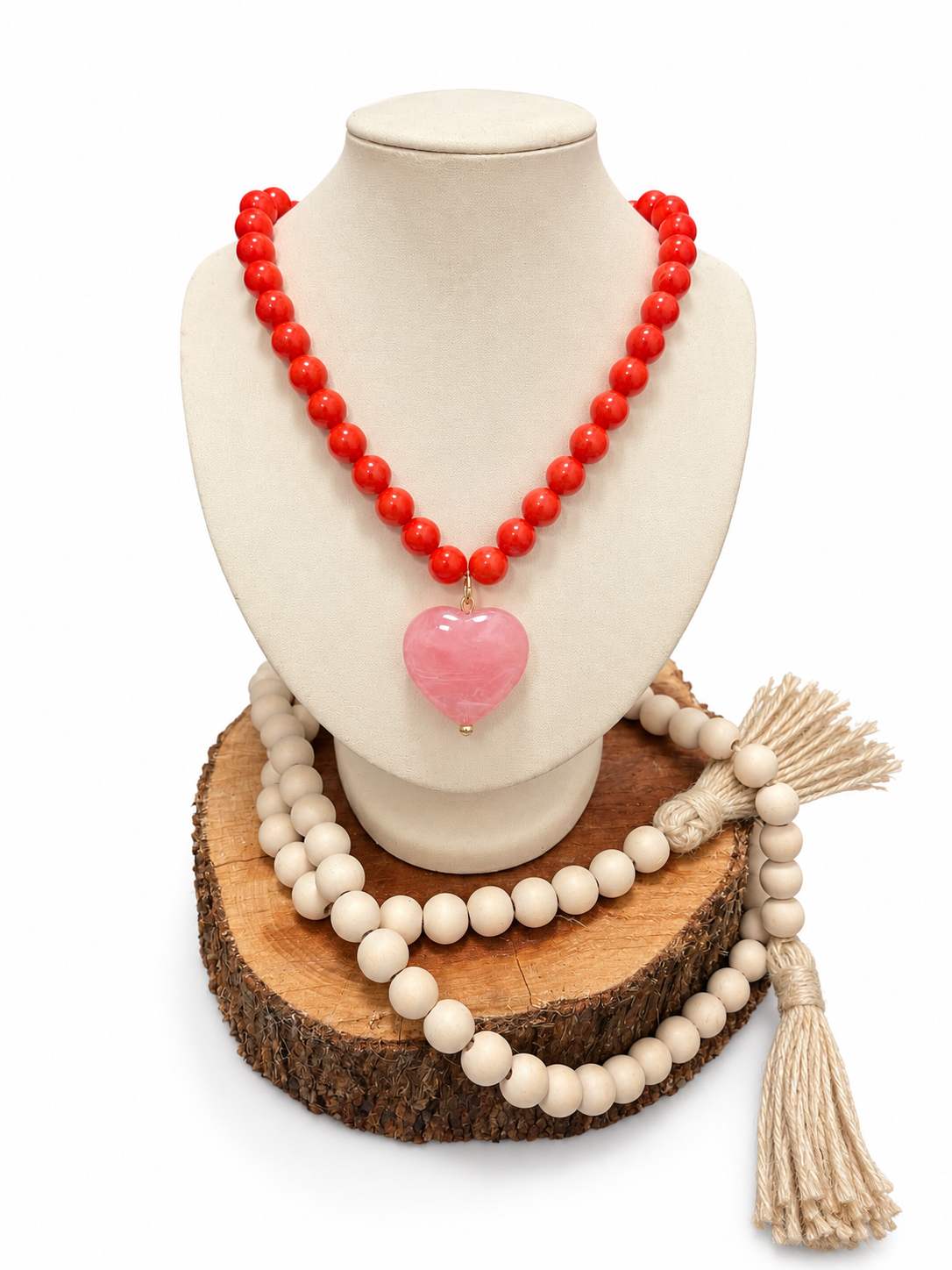 Red Beaded Pink Heart Necklace