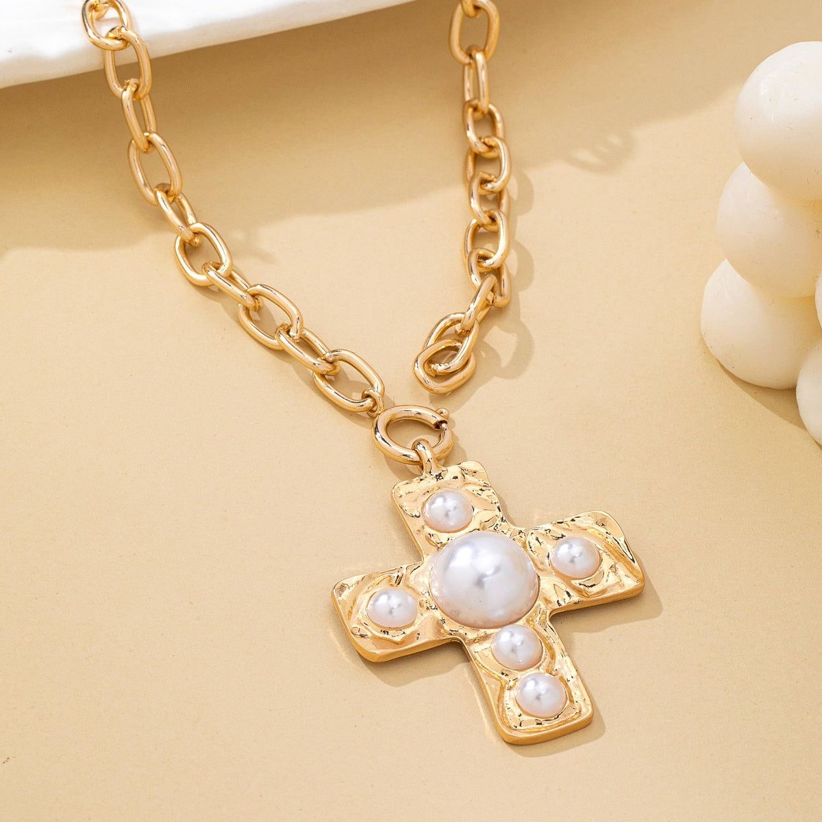 Hammered Cross Pearl Necklace