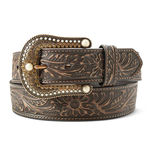 Ariat Ladies 1 1 /2" Floral Embossed Western Belt - Brown