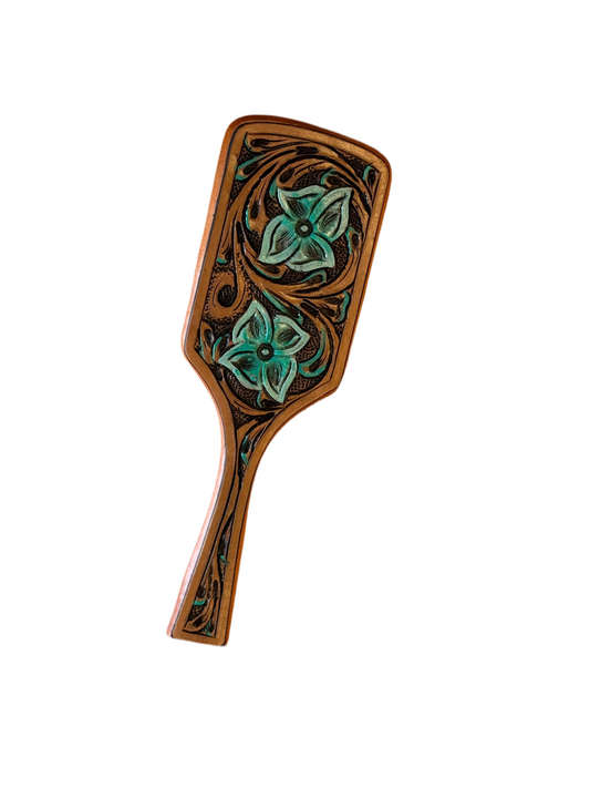 Blue Flower Tooled Leather Hair Brush