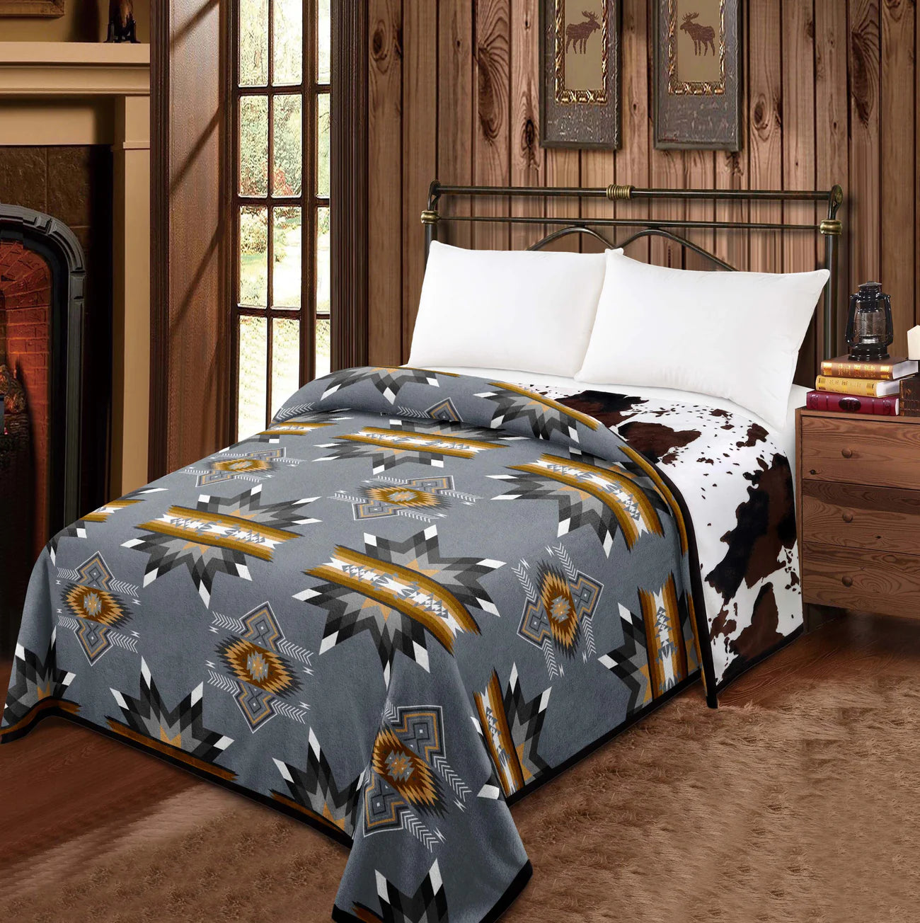 Gray Aztec & Cow Print- King Reversible Blanket