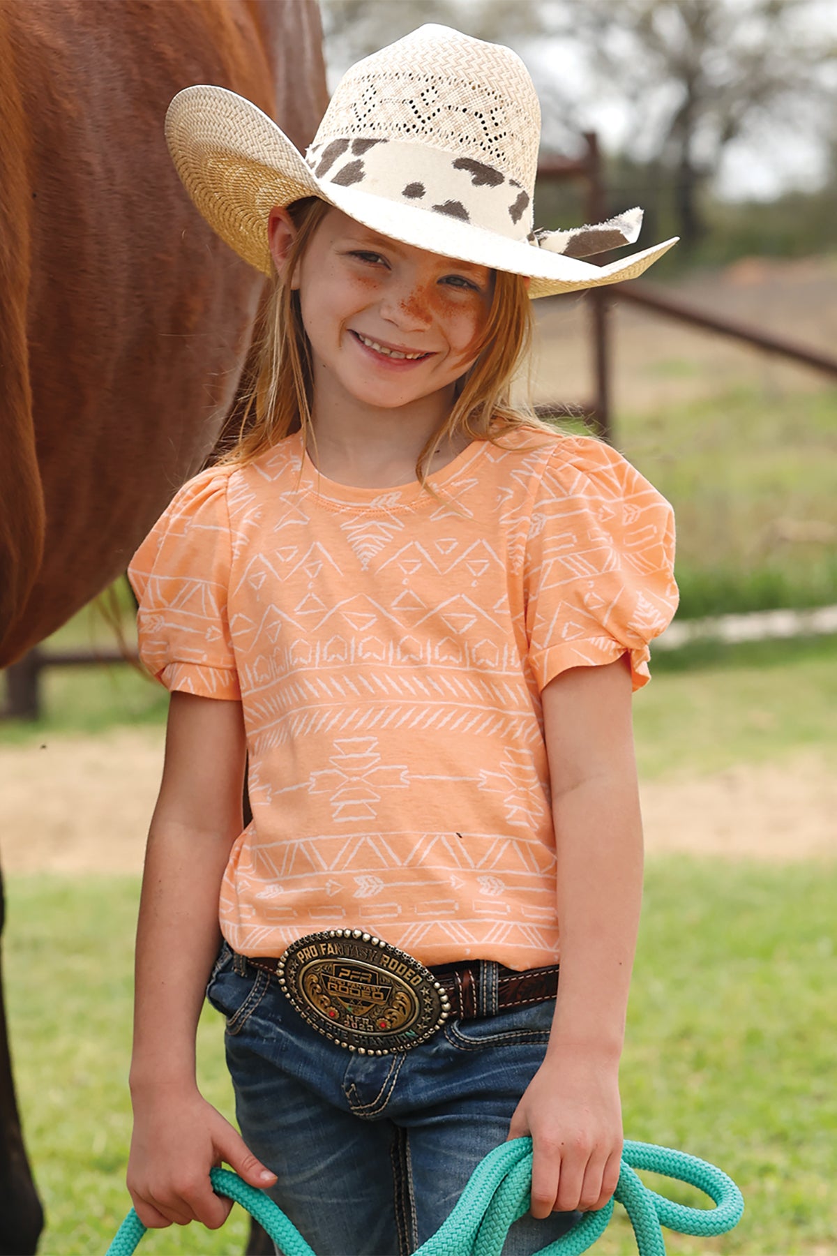 CINCH Girls Short Sleeve Coral Aztec Tee