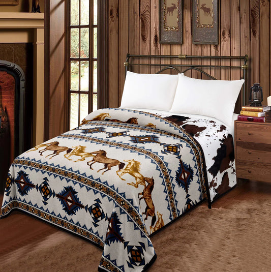 Aztec Horse & Cow Print- King Reversible Blanket