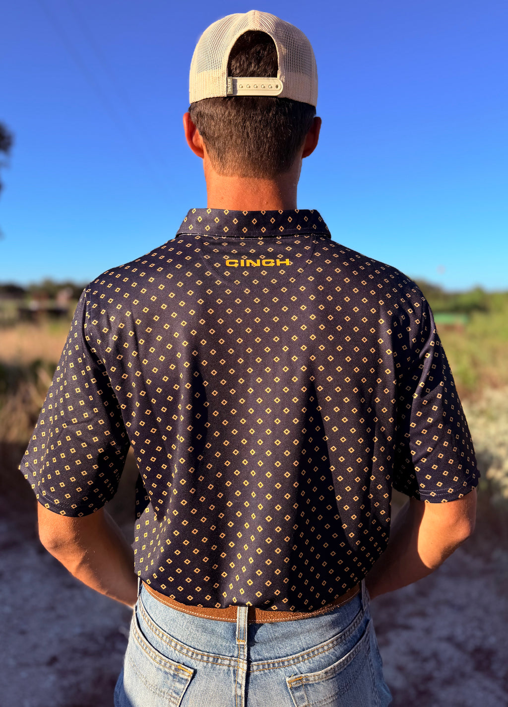 Cinch Men's Navy Diamond Print Polo