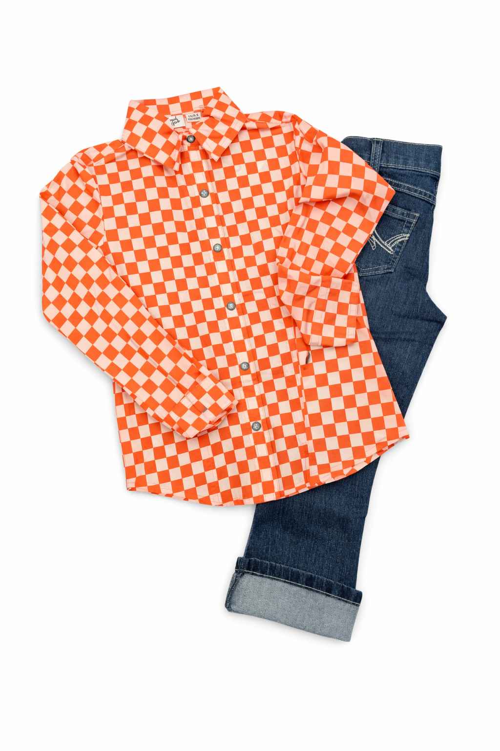 Prairie Sweetheart Coral Checkered Long Sleeve Shirt