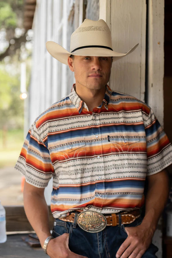 "Sol" Multi Color Serape Short Sleeve Pearl Snap Shirt