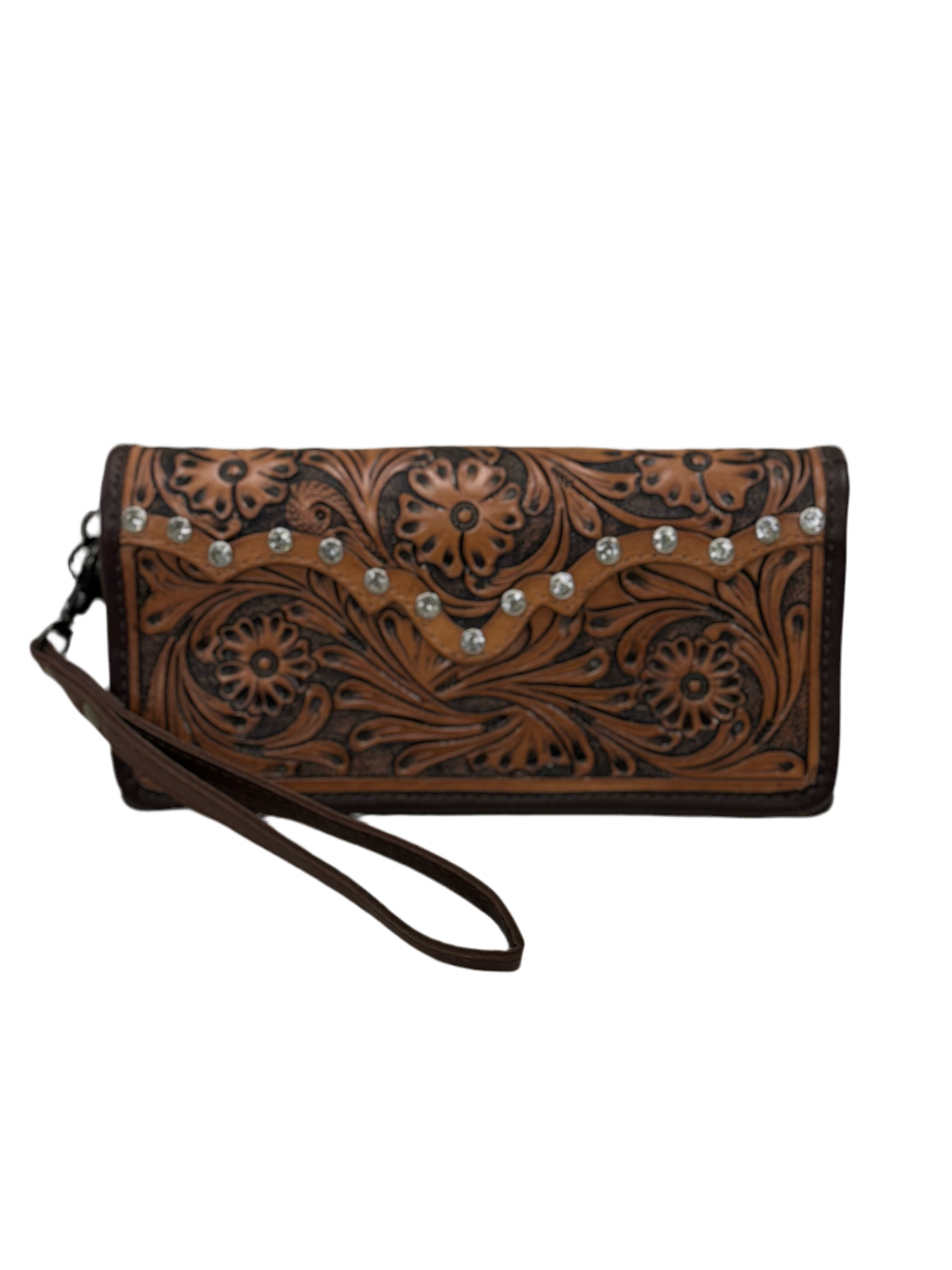 Tooled Leather Bling Wristlet Wallet