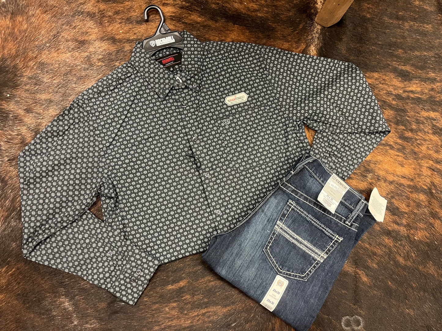 Rock N Roll Denim Geo Printed Long Sleeve Button Down