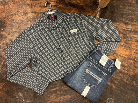 Rock N Roll Denim Geo Printed Long Sleeve Button Down