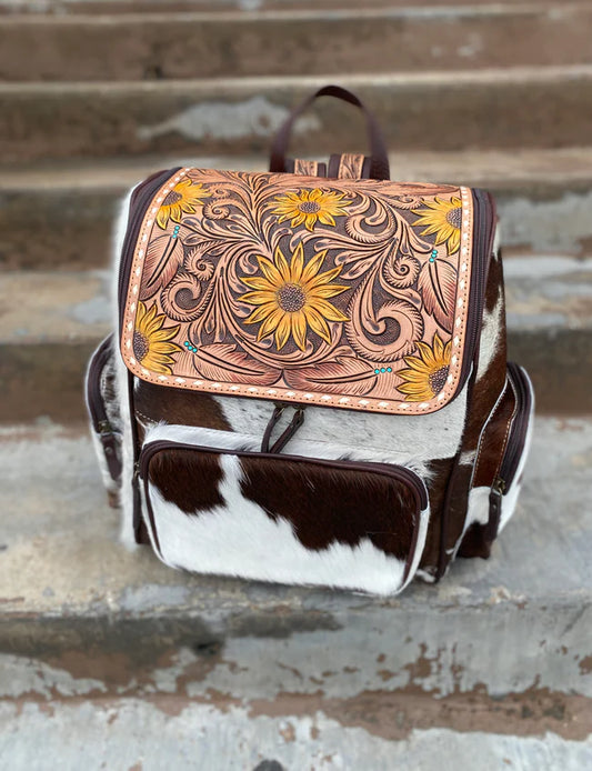 Sunflower Tooled Leather Cowhide Backpack