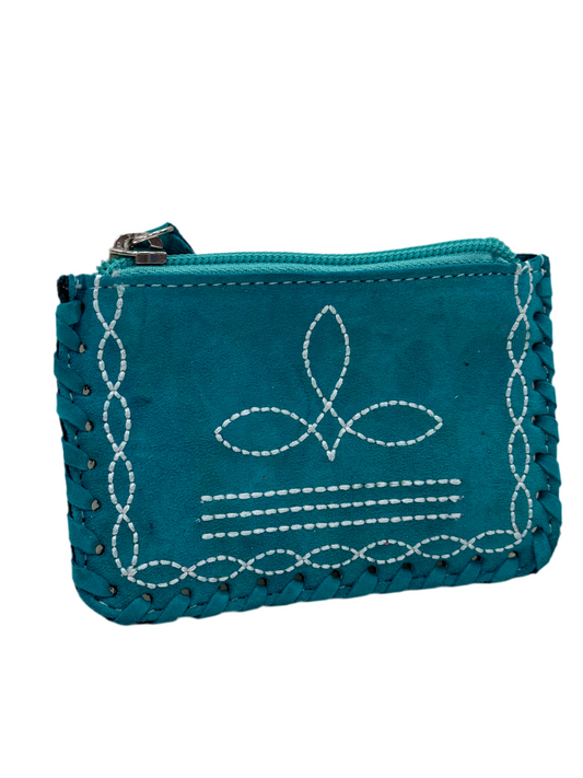 Turquoise Leather Boot Stitch Coin Pouch