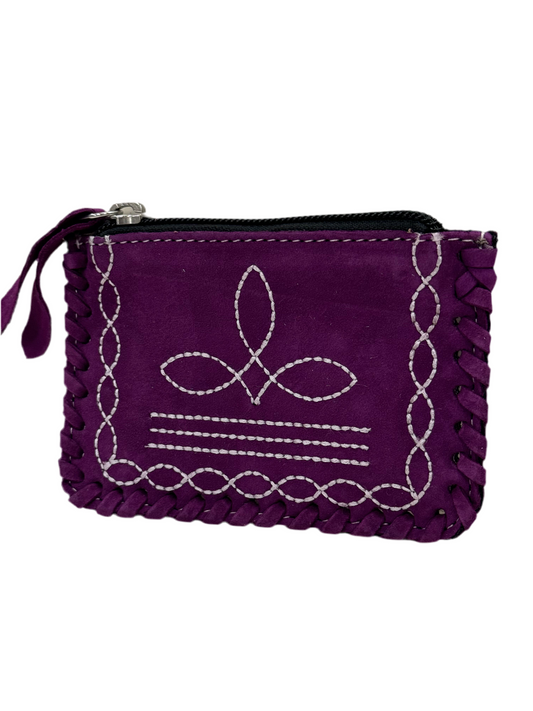 Purple Leather Boot Stitch Coin Pouch