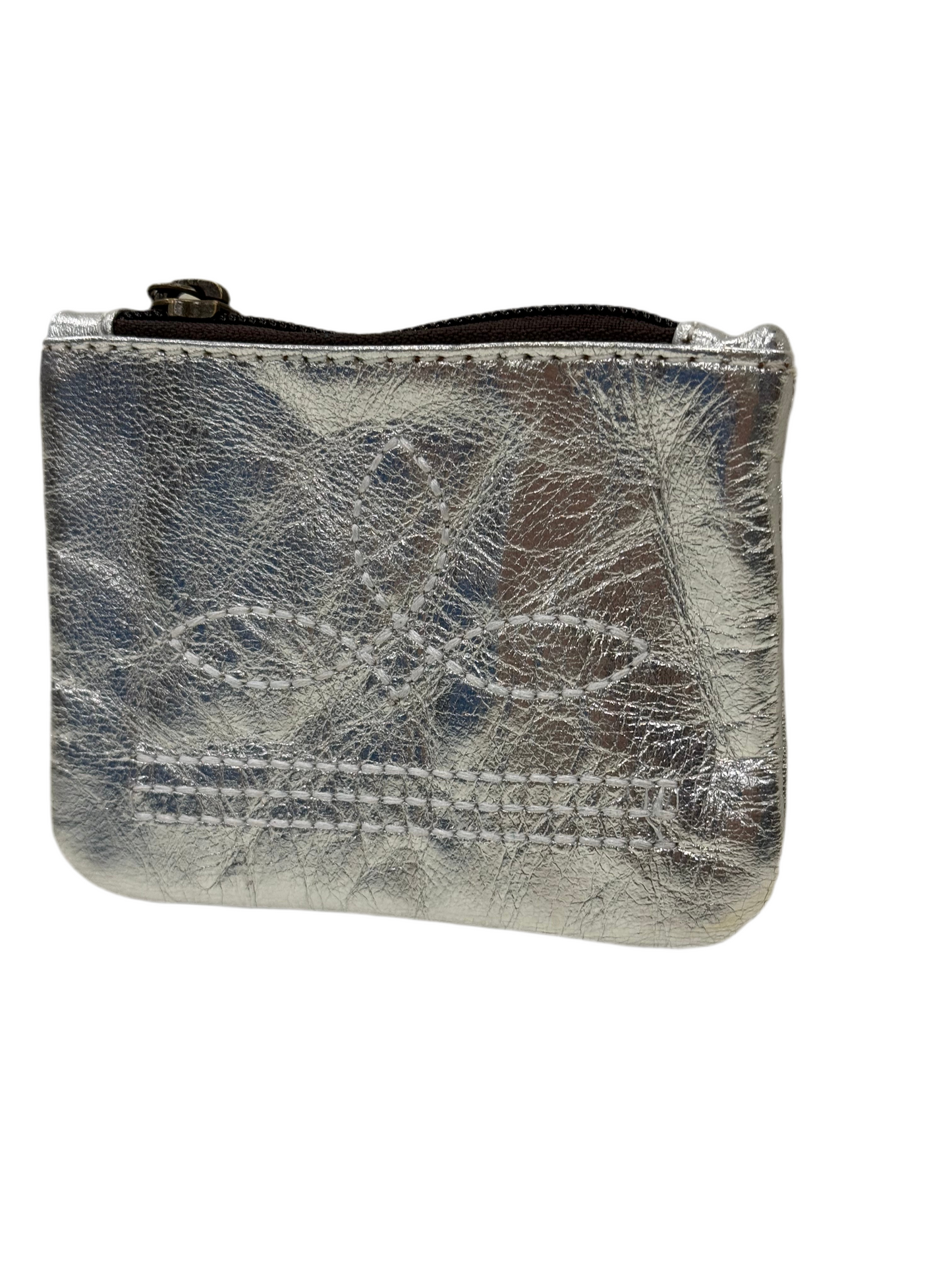 Metallic Silver Leather Boot Stitch Coin Pouch