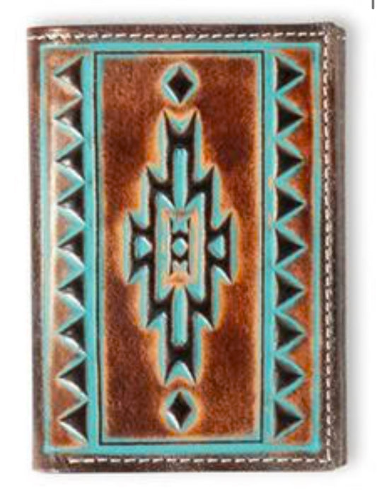 ARIAT WESTERN MENS WALLET TRIFOLD LEATHER TURQUOISE OUTLINE BROWN