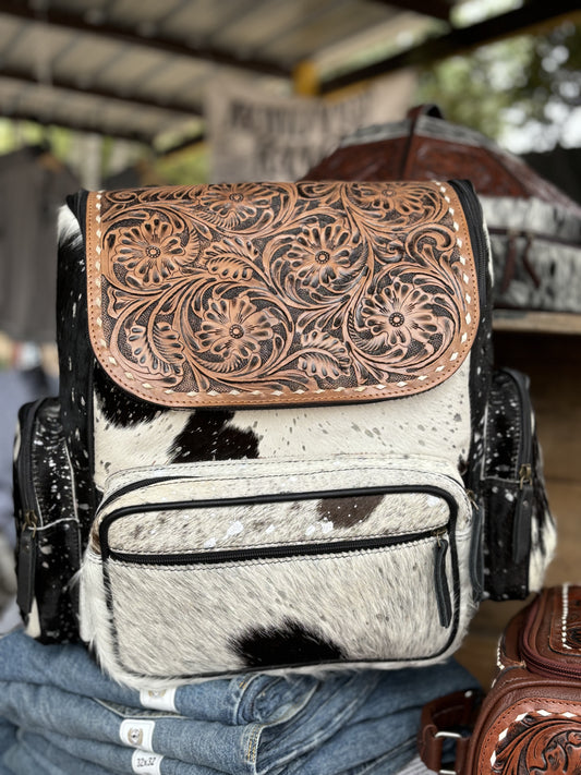 Acid Wash Cowhide Tooled Backpack