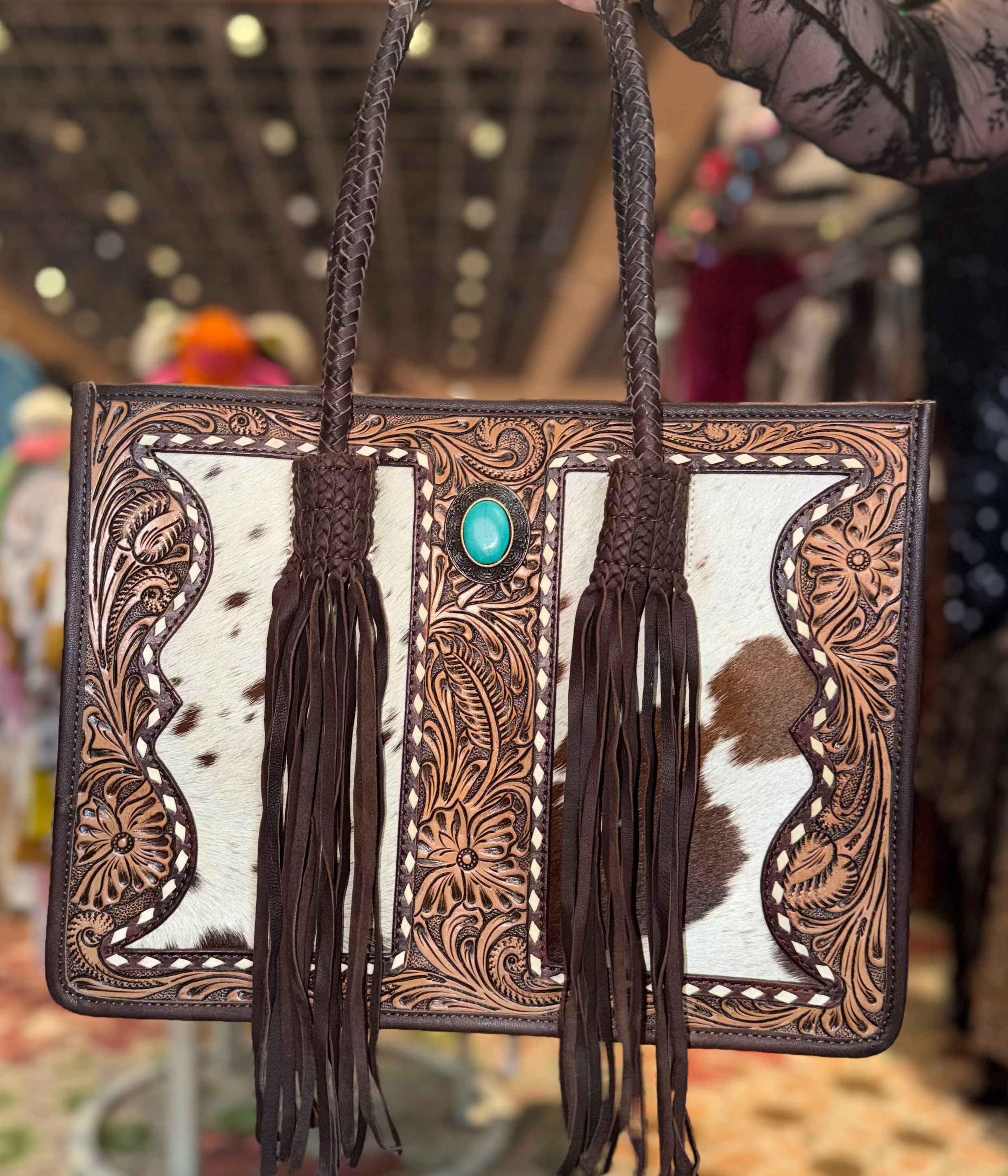 Leather Cowhide Fringe Concho Tote