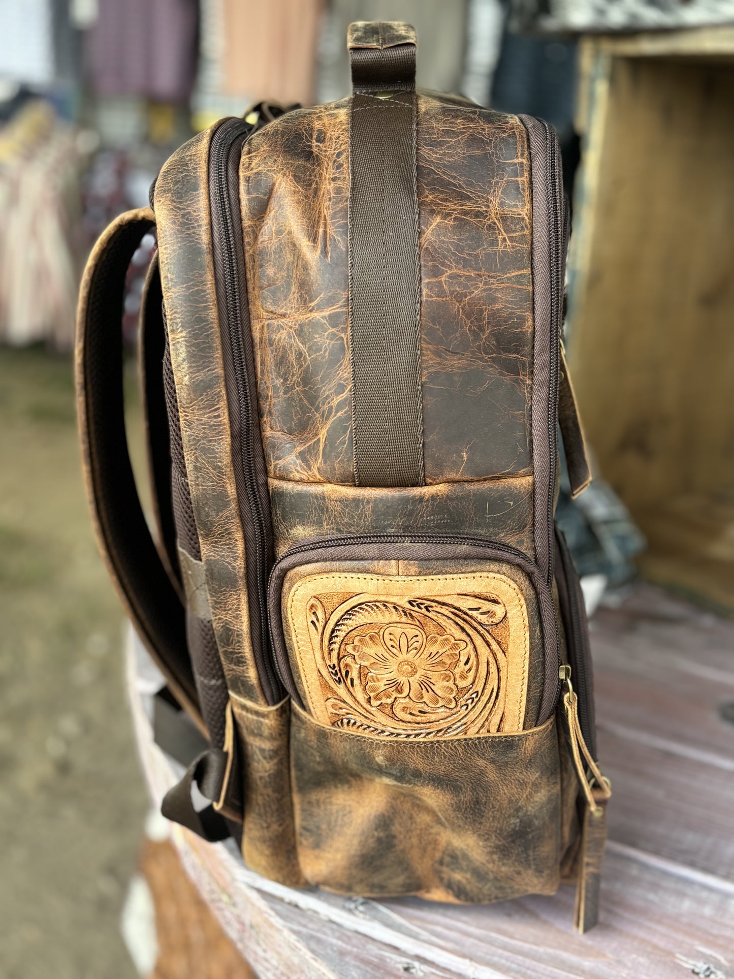 Dark Leather Cowhide Tooled Pocket & Straps Backpack