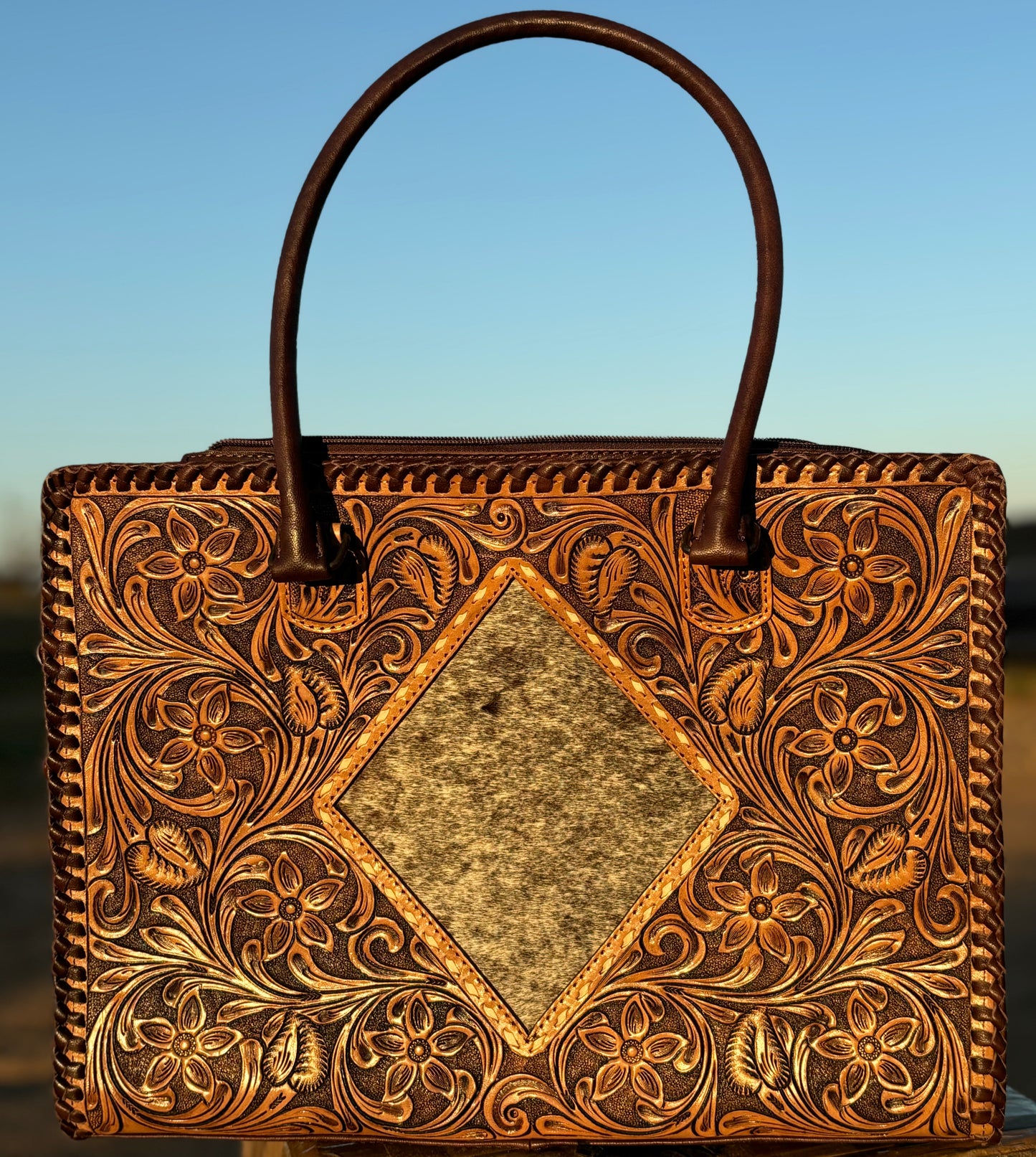 Tooled Leather Diamond Cowhide Tote