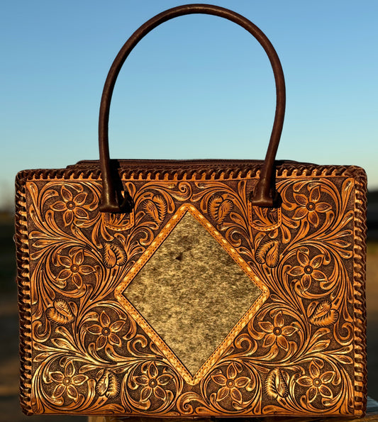 Tooled Leather Diamond Cowhide Tote