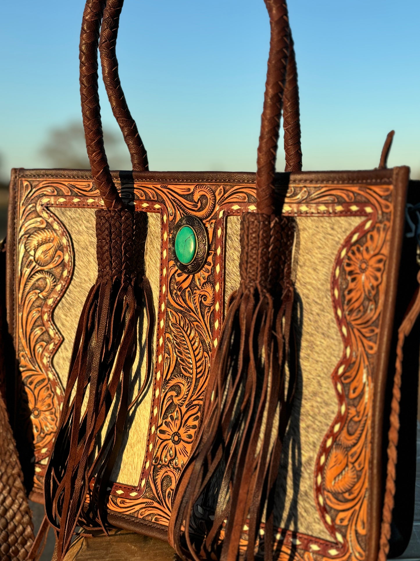 Leather Cowhide Fringe Concho Tote