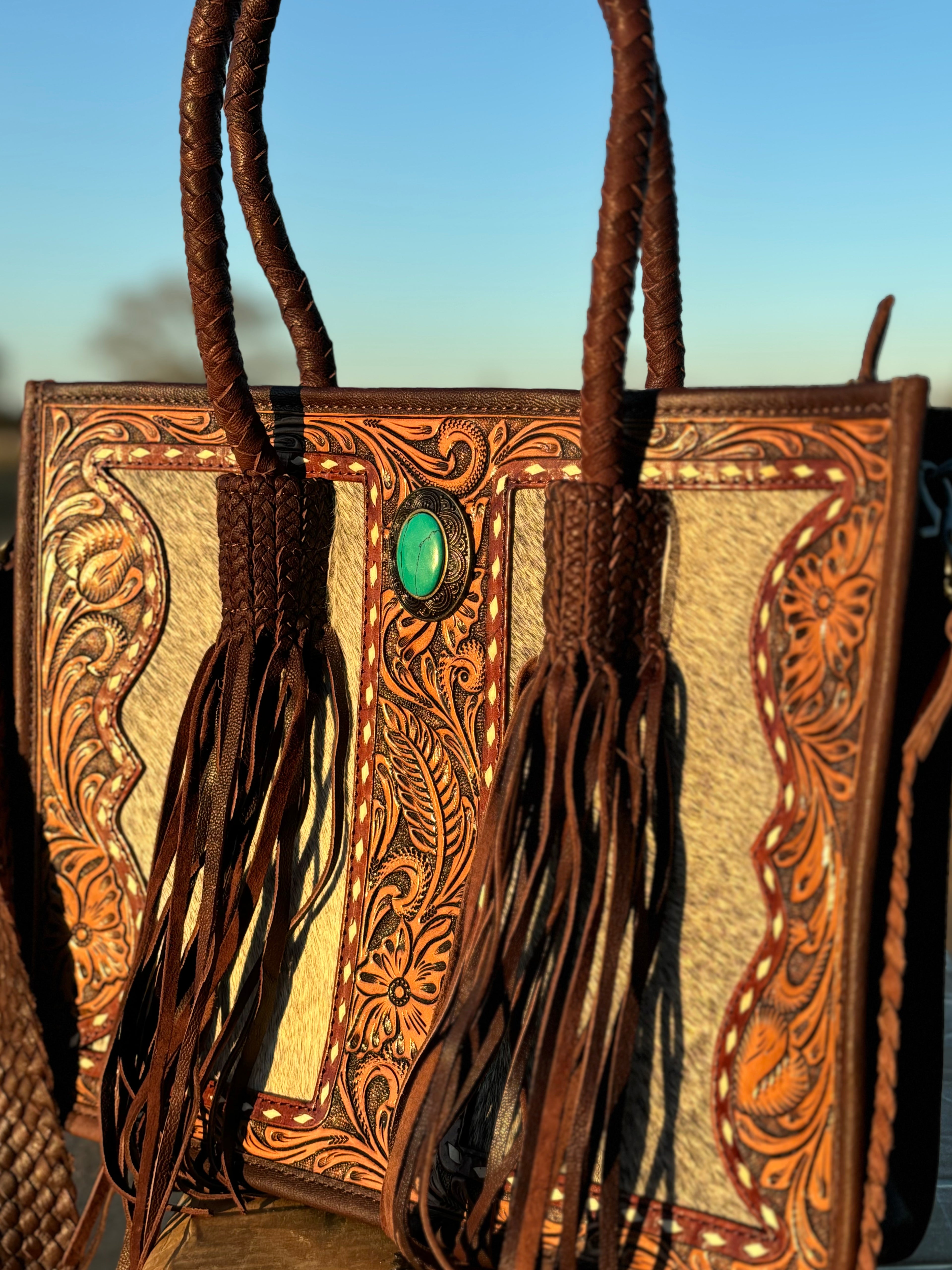 Leather Cowhide Fringe Concho Tote