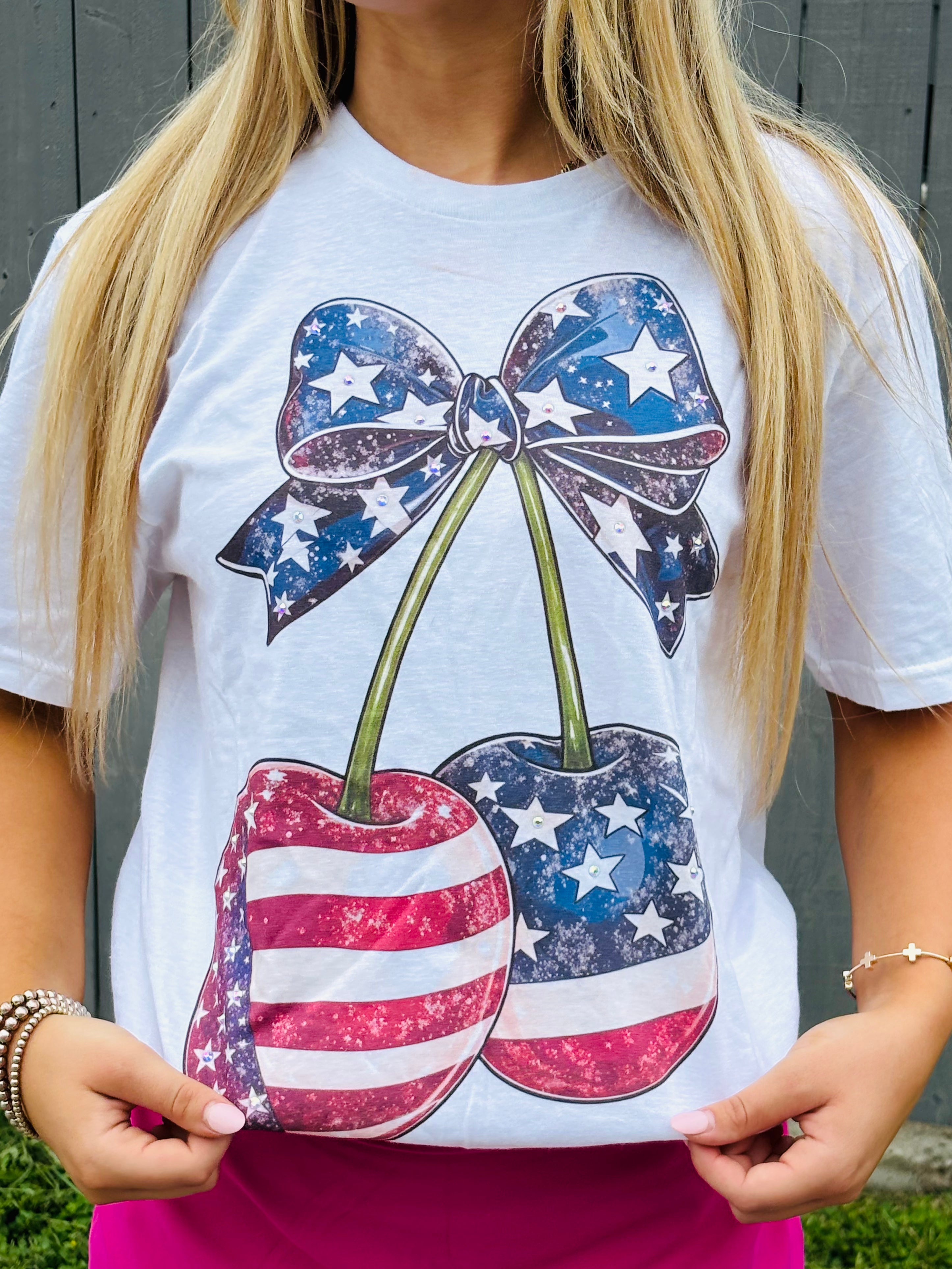 USA Cherry Bow Bedazzled Tee