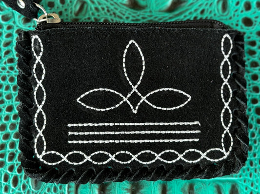Black Leather Boot Stitch Coin Pouch