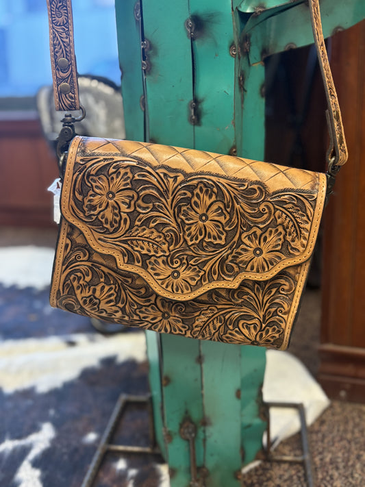 Natural Tooled Leather Crossbody