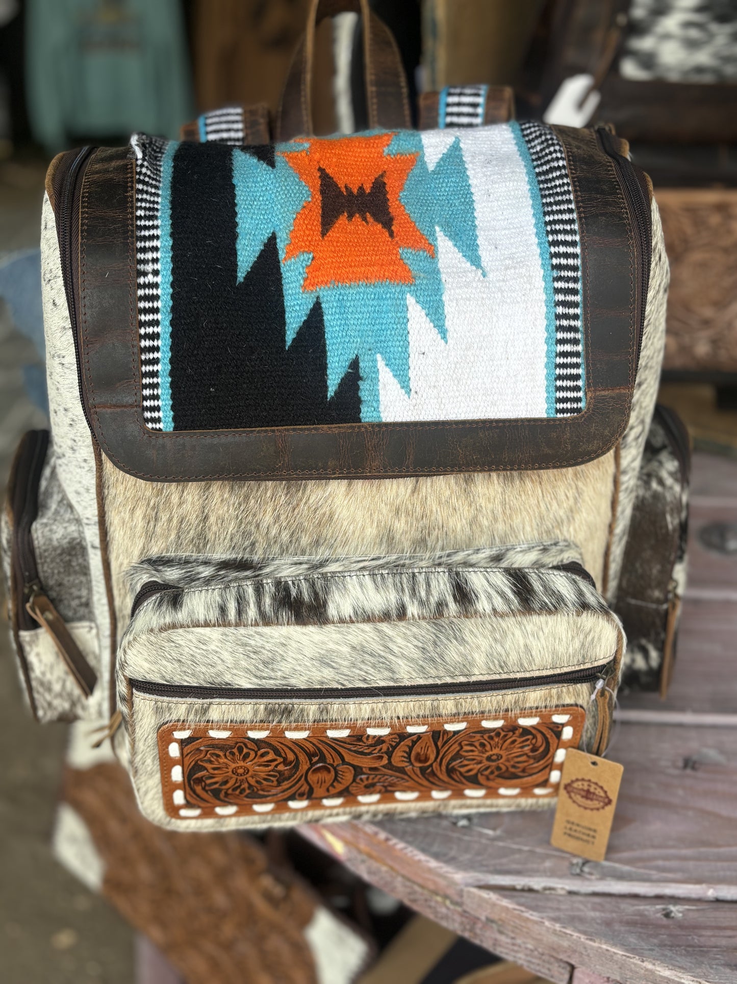 Pendelton Cowhide Tooled Patch Backpack