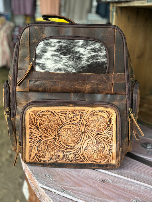 Dark Leather Cowhide Tooled Pocket & Straps Backpack