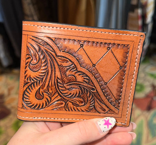 Diamond Tooled Leather Tri Fold Wallet