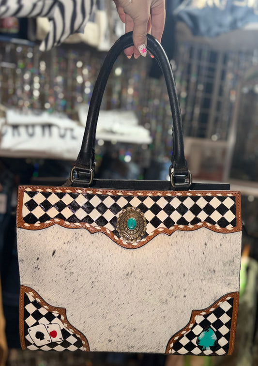 Checkered Cowhide Concho Tote