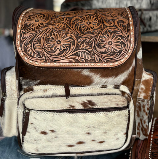 Brown & White Cowhide Tooled Backpack