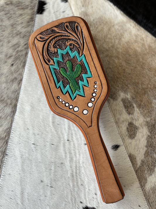 Cactus Aztec Tooled Leather Hair Brush