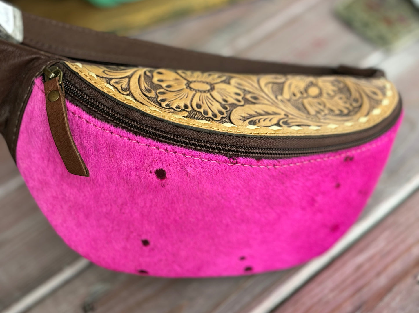 Pink Cowhide Tooled Fanny Pack