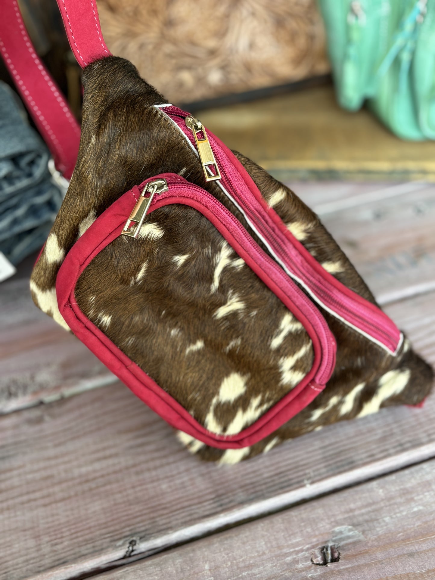 Multi Pocket Pink Hem Cowhide Fanny Pack