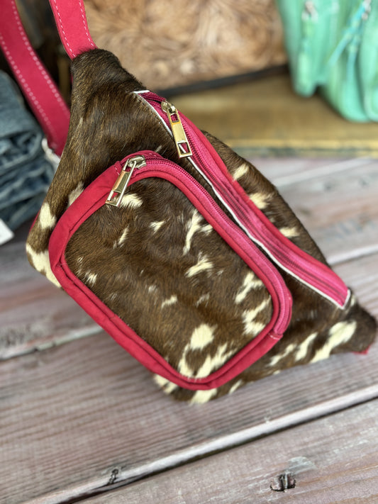 Multi Pocket Pink Hem Cowhide Fanny Pack