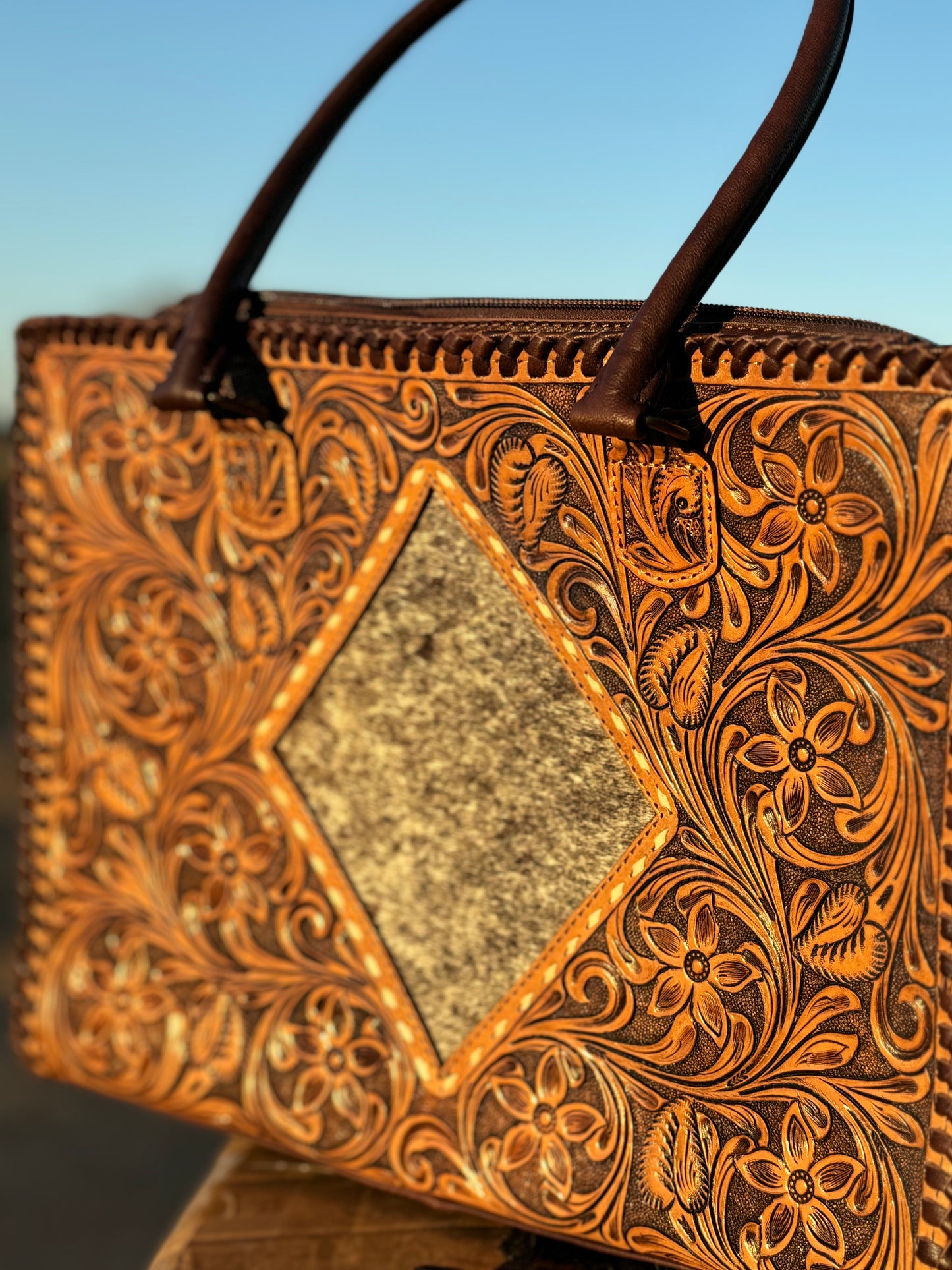 Tooled Leather Diamond Cowhide Tote