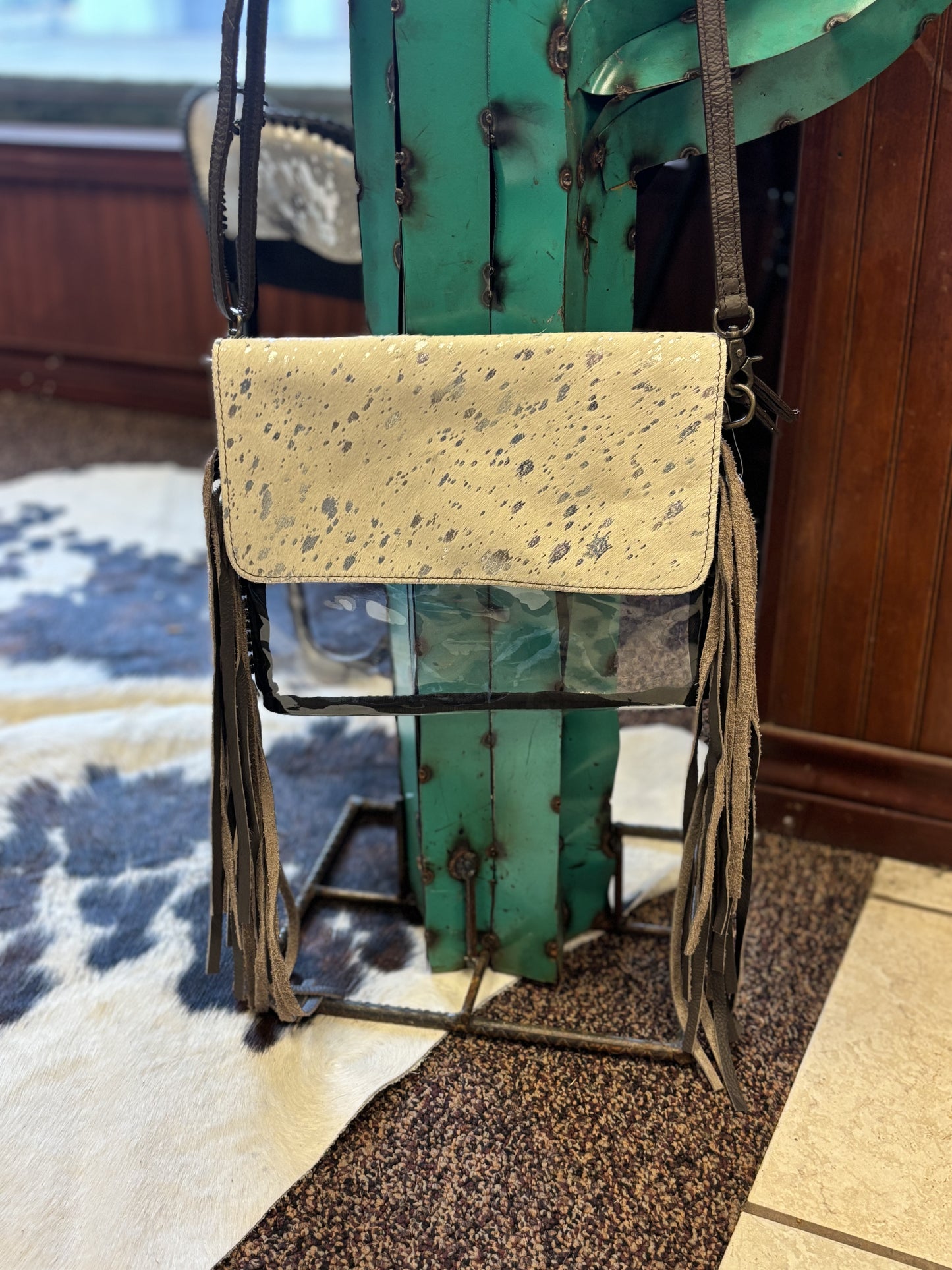 Acid Wash Cowhide Fringe Clear Crossbody