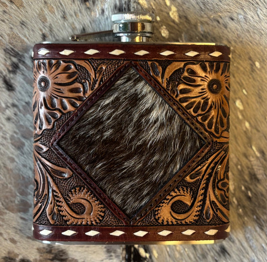 Diamond Cowhide Leather Flask- 16oz
