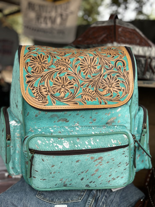 Acid Wash Turquoise Tooled Leather Backpack